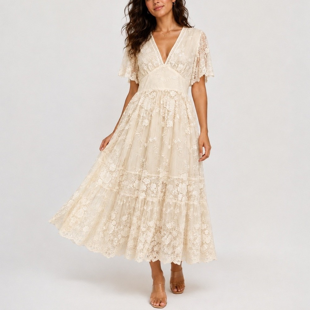 Baltic Born Clarisa Lace Midi Dress L Vintage Cream